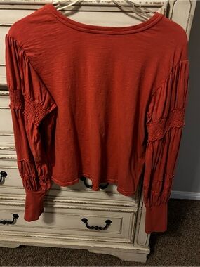 Pilcro Crew-Neck Ruched & Smocked-Sleeve Top Size XL Terra Cotta Color Boho